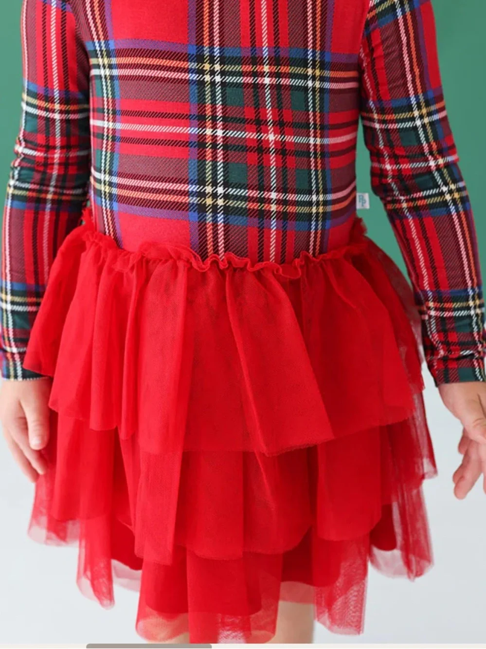 Posh Peanut Red Tartan Plaid Long Sleeve Tulle Dress